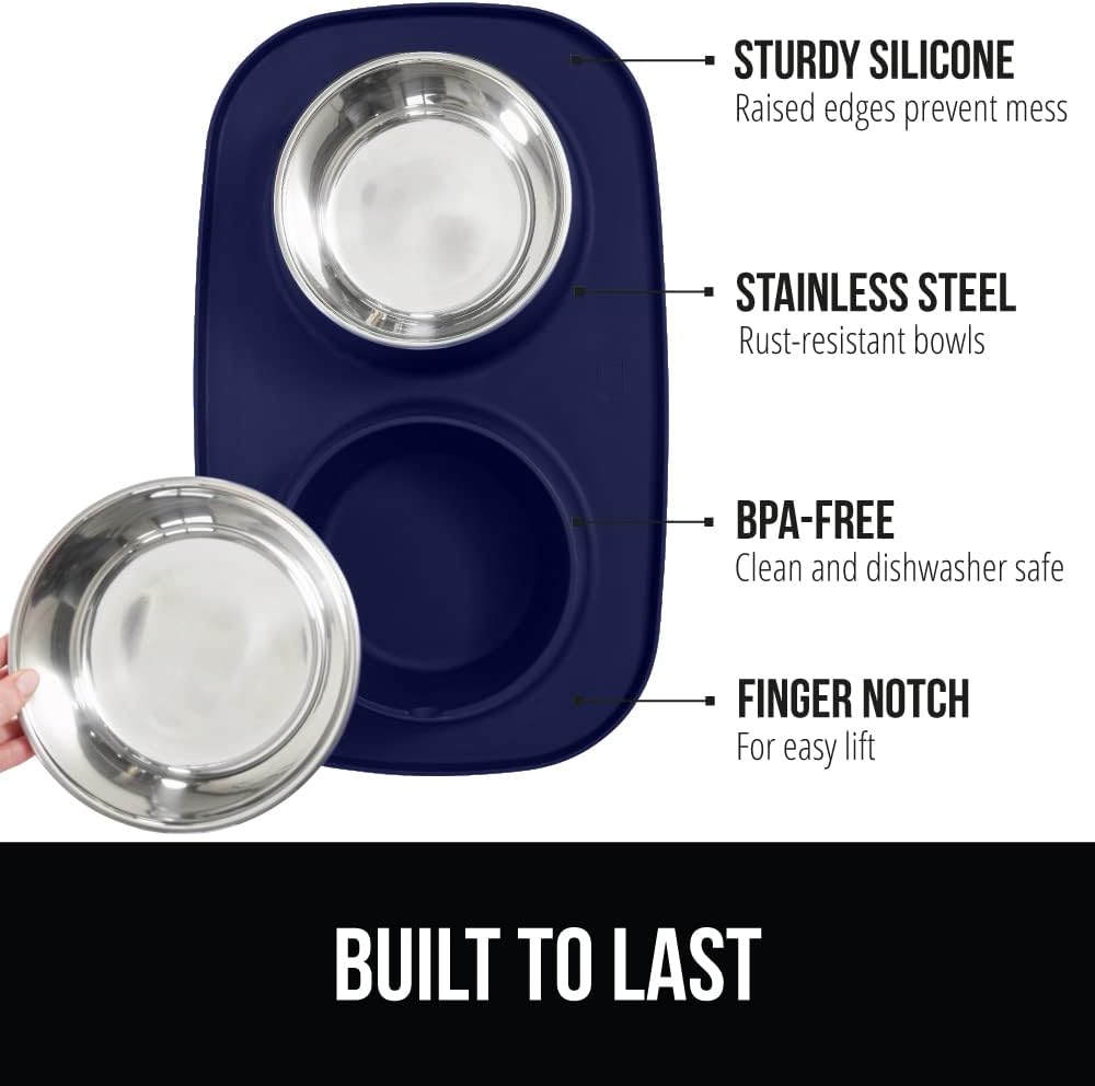 GORILLA GRIP Feeding Mat Set, Patent Pending 100% Waterproof BPA Free Silicone, Stainless Steel Cat and Dog Bowls, Slip Resistant, Edges Catch Water, Food, US Designed Pet Accessories, 2 Cup Navy Blue