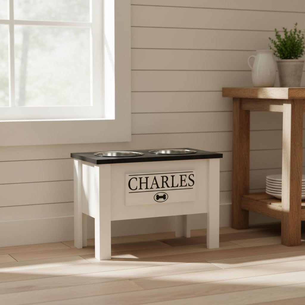 GrooveThis Woodshop - Personalized Elevated Dog Bowl Stand for Large, Medium, Small, X-Small Dogs - Stainless Steel Food and Water Bowls - Raised Dog Dish (X-Large, Black)