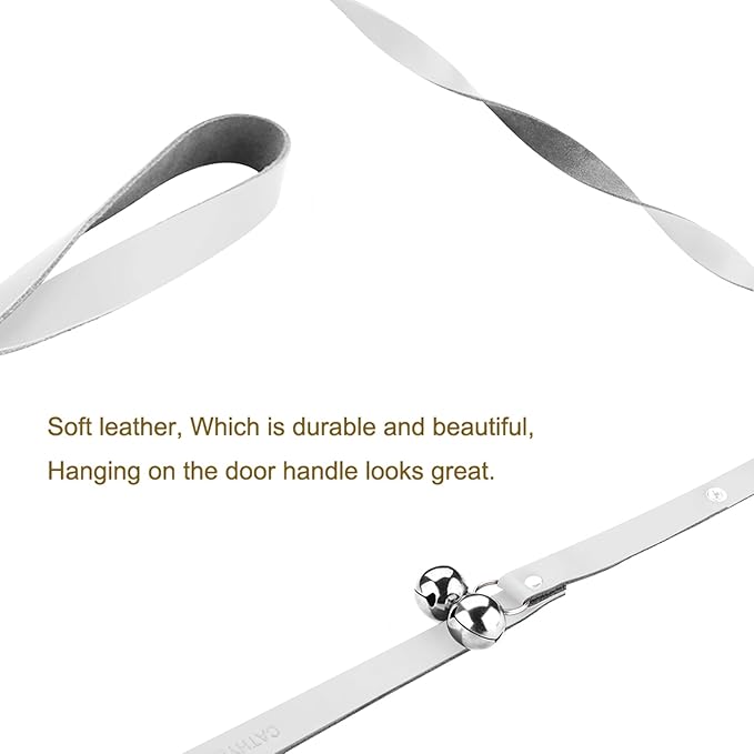 Leather Dog Doorbells for Door Knob/Potty Training/Go Outside, Length Adjustment Copper Dog Bell, Housetraining Hanging Bell, White Leather Silver Bells - 2 Pack