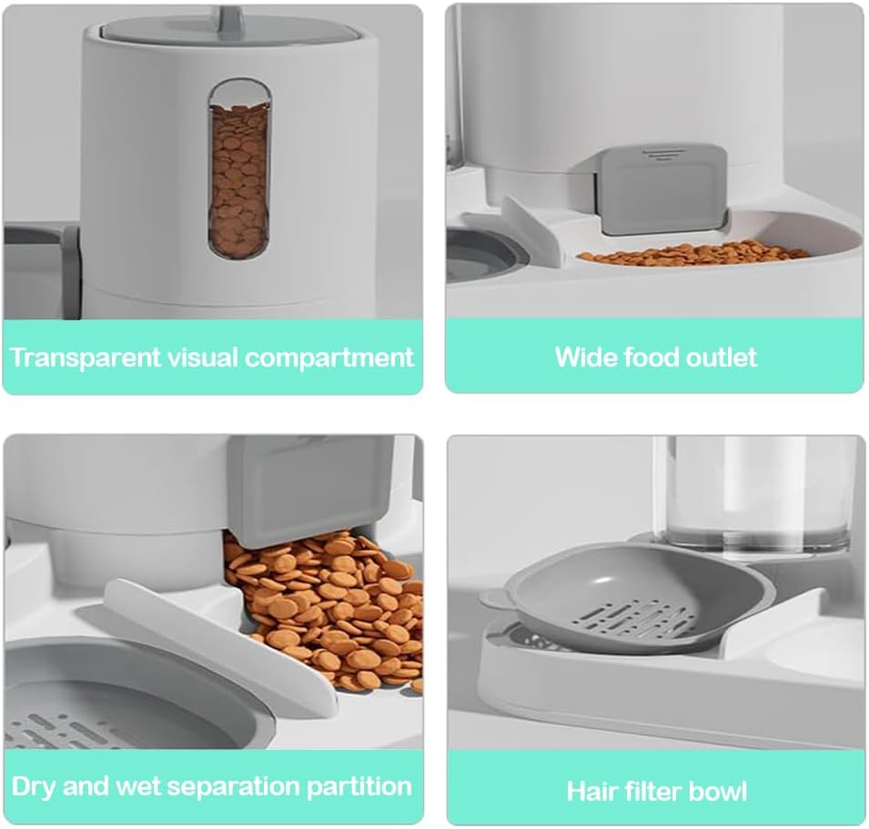 Gravity Cat Feeder and Water Dispenser, 2 in 1 Automatic Pet Waterer Detachable Food Bowls Set Pet Food Storage for Small Cat Kitten Dog Puppy Pet Easy Clean (Grey)