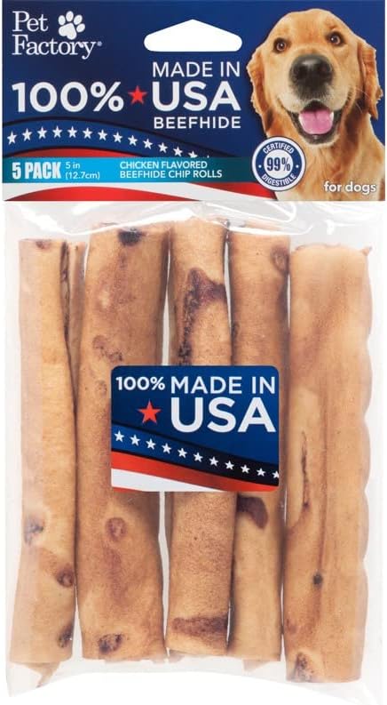 Pet Factory 100% Made in USA Beefhide 5" Chip Rolls Dog Chew Treats - Chicken Flavor, 5 Count/1 Pack