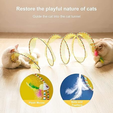 Folded Cat Tunnel Toy for Indoor Cats, 2 PCS Collapsible Pet Spring Cat Toys with Feather Mouse Upgrade Interactive Toy Playing Tent for Puppy Kitten Accessories Home