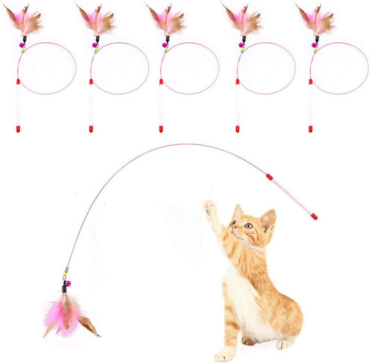Cat Feather Toy, Cat Toys Wand, Bundle of 5 Pack Interactive Pet Cat Kitten Chaser Teaser Wire Wand with Bell Beads for Cat Exercise Play Fun Gifts - Wholesale