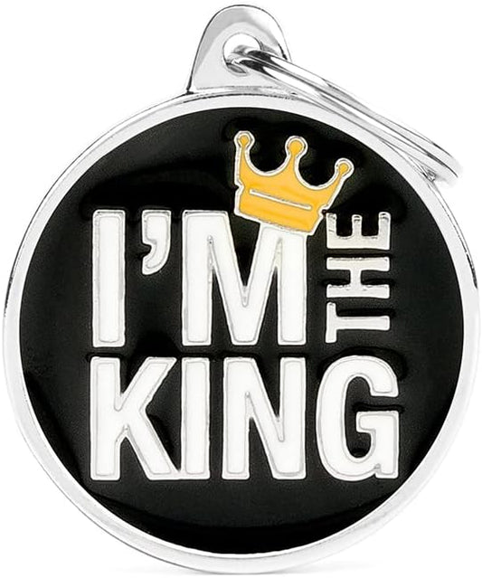 My Family Personalized Pet ID Tag Made in Italy, Big Circle "I'm The King", Free Engraving, Hand Enamelled in Metal, Charms Collection