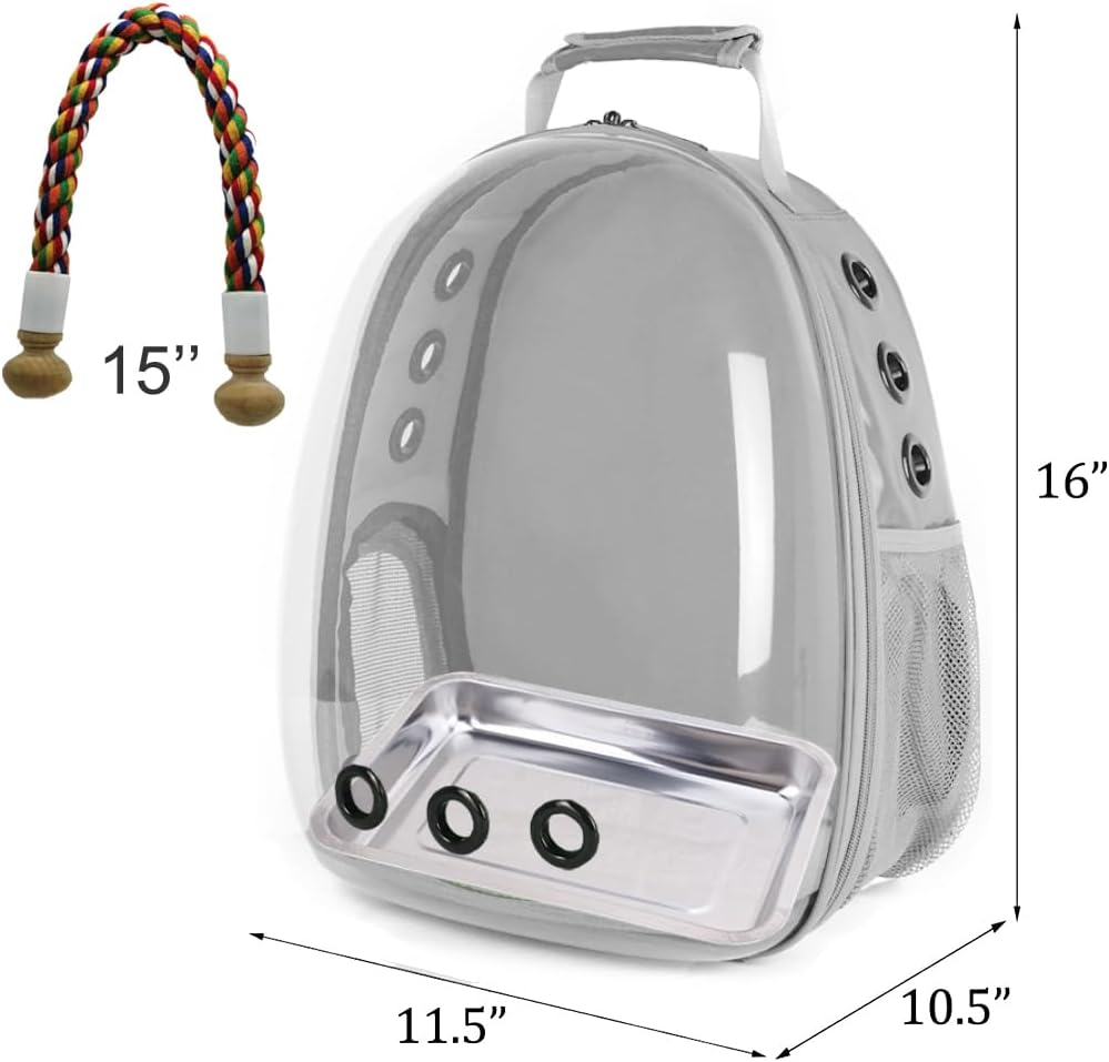 Bird Traval Carrier Cage, Clear Space Capsule Astronaut Backpack to Carry Parakeet Cockatiel Parrot with Metal Tray Wood Perch, Vet Transport School Bag