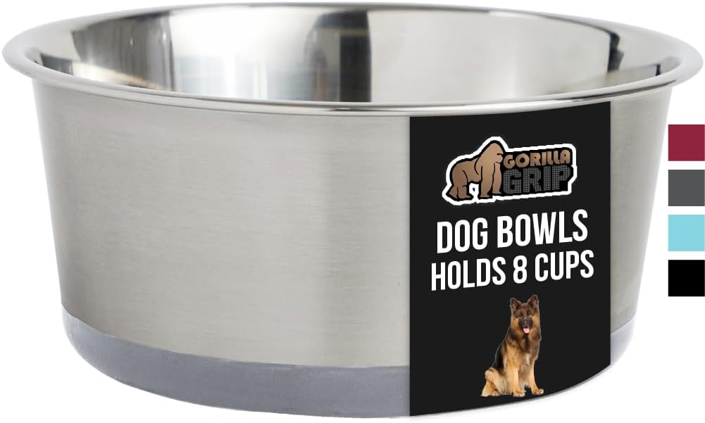 GORILLA GRIP Stainless Steel Metal Dog Bowl, Rubber Base, Heavy Duty Feeding Dish, Food Grade BPA Free, Less Sliding on Floors, Quiet Pet Bowl for Cats and Dogs, Holds 8 Cups (64 fl oz), Gray