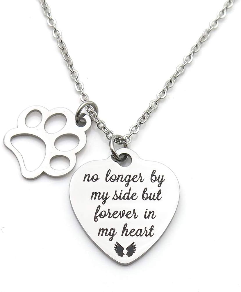 IDLAN Pet Memorial Gift No Longer by My Side But Forever in My Heart Stainless Steel Paw Prints Necklace Pet Sympathy Gift