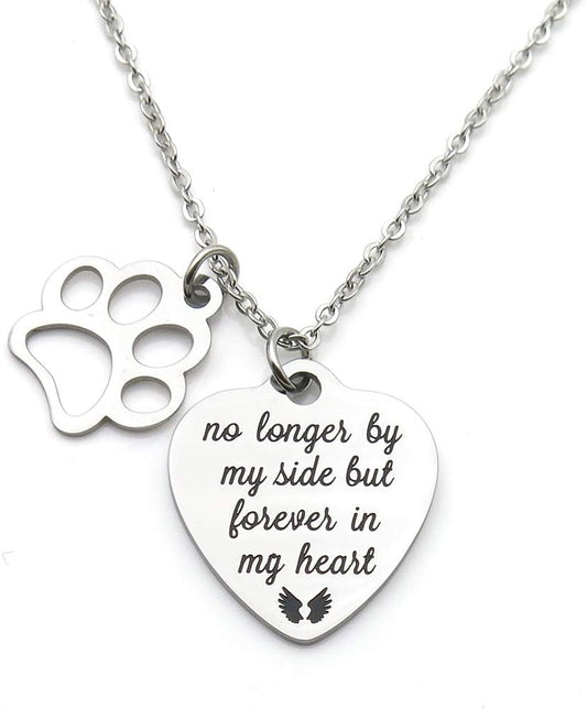 IDLAN Pet Memorial Gift No Longer by My Side But Forever in My Heart Stainless Steel Paw Prints Necklace Pet Sympathy Gift