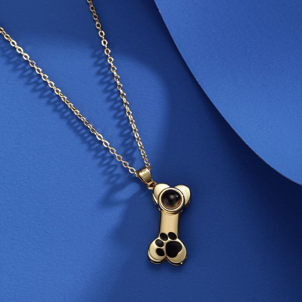Personalized Photo Necklace Custom Photo Projection Necklaces Dog Bone with Paw Print Pendant Necklace with Picture Inside Pet Dog Cat Memorial Necklace for Pet Lover Women Men