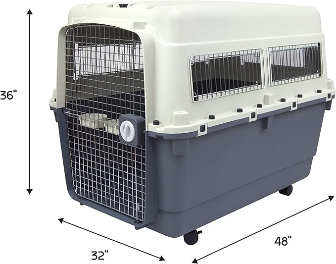 SportPet Designs Plastic Kennels Rolling Plastic Airline Approved Wire Door Travel Dog Crate, XXX-Large, Gray