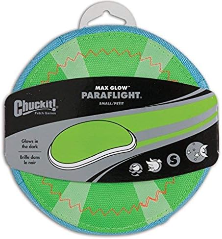 Chuckit! Max Glow Paraflight Flying Disc Dog Toy, Small (6.75"), Green And White
