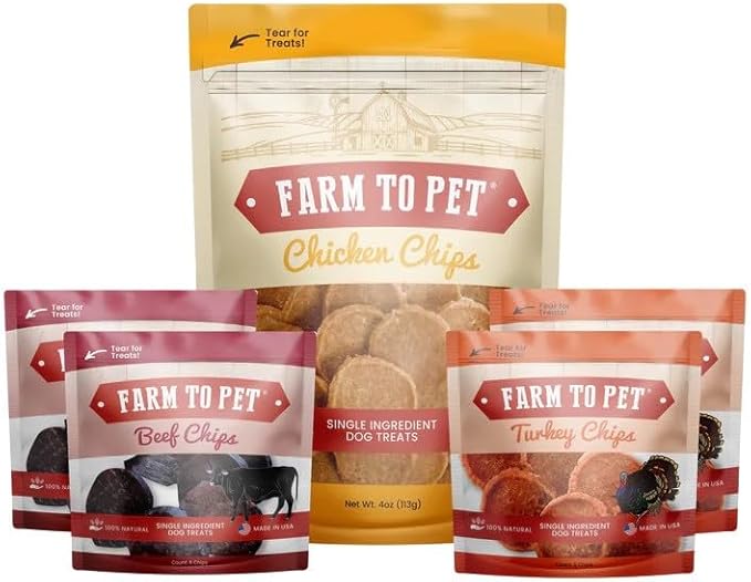 Farm To Pet - Puppy Training Treats Starter Pack Chicken 4oz + 2 Turkey & 2 Beef Snack Chips for Small Dogs - Value Pack Dog Treats, 100% All Natural, Single Ingredient, Puppy Essentials Made in USA