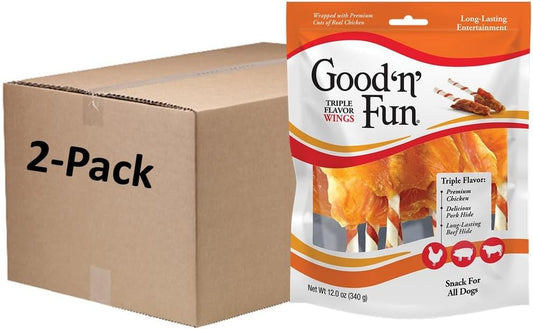 Good ‘n’ Fun Triple Flavor Wings Chews for All Dogs, 12 Ounces, Treat Your Dog to Long-Lasting Chews Made with Chicken, Pork Hide and Beef Hide, Pack of 2