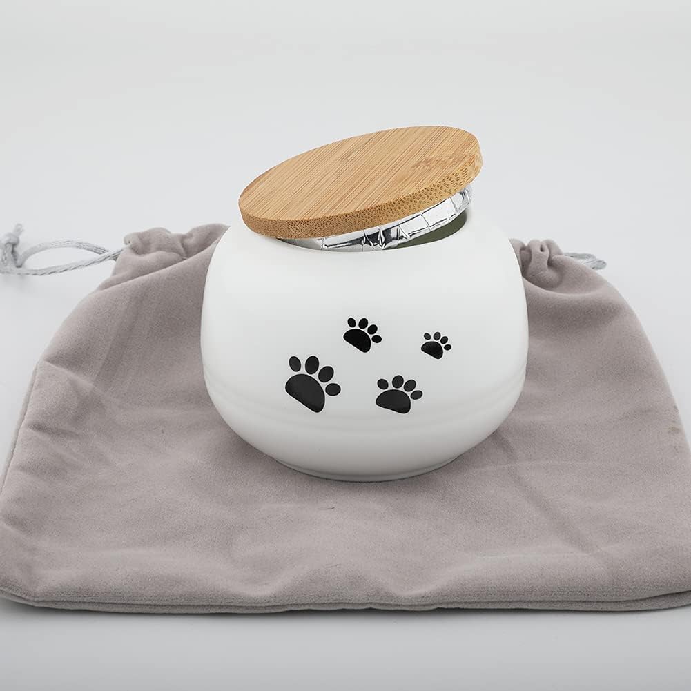 Fermus Memorial Pet Ashes Urn for Small Animal, Ceramics Memorial Keepsake Urns for Cats and Dogs (White Ceramics with Bamboo Lid)