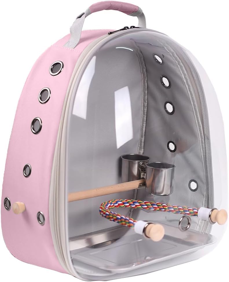 Bird Travel Backpack Carrier, Clear Bubble Window Transport Backpack for Birds, Space Capsule Astronaut Liked Vet Carry Book Bag for Parakeet Parrot (Pink, Multi Vents)