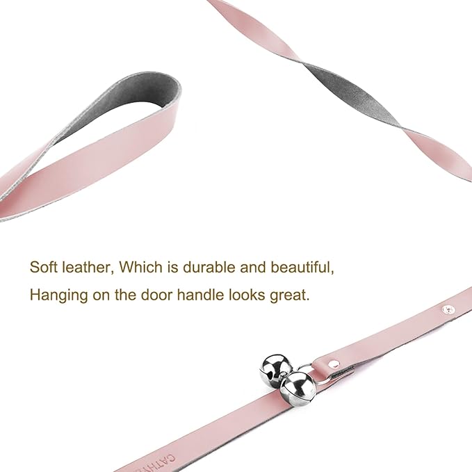 Leather Dog Doorbells for Door Knob/Potty Training/Go Outside, Length Adjustment Copper Dog Bell, Housetraining Hanging Bell, Pink Leather Silver Bells - 2 Pack