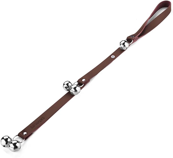 Leather Dog Doorbells for Door Knob/Potty Training/Go Outside, Length Adjustment Copper Dog Bell, Housetraining Hanging Bell, Dark Brown Leather Silver Bells