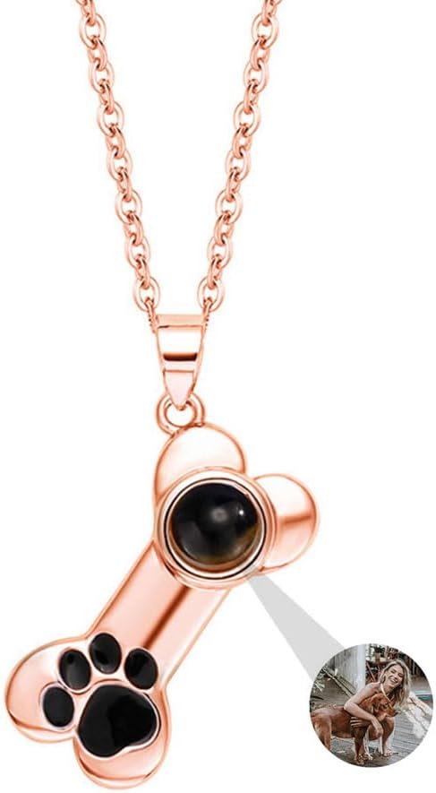 Personalized Photo Necklace Custom Photo Projection Necklaces Dog Bone with Paw Print Pendant Necklace with Picture Inside Pet Dog Cat Memorial Necklace for Pet Lover Women Men