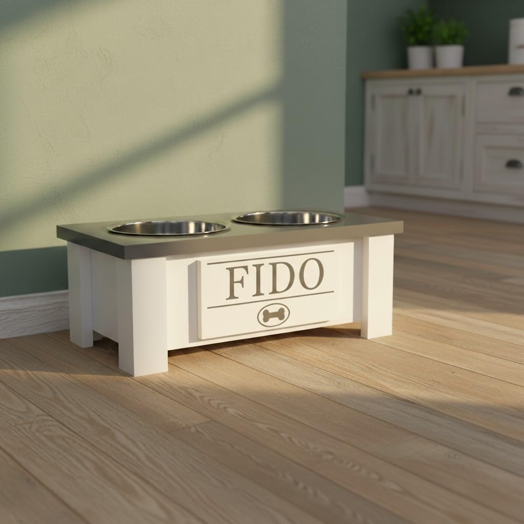 GrooveThis Woodshop - Personalized Elevated Dog Bowl Stand for Large, Medium, Small, X-Small Dogs - Stainless Steel Food and Water Bowls - Raised Dog Dish (Small, Grey)