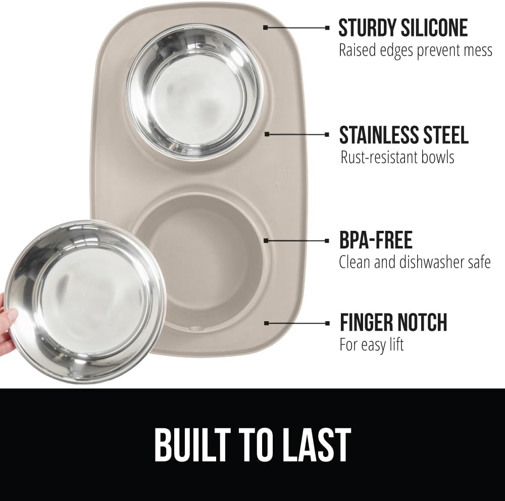 GORILLA GRIP Feeding Mat Set, 3 Cup, Patent Pending 100% Waterproof BPA Free Silicone, Stainless Steel Cat and Dog Bowls, Slip Resistant, High Edges Catch Water Food, US Designed Pet Accessories Beige