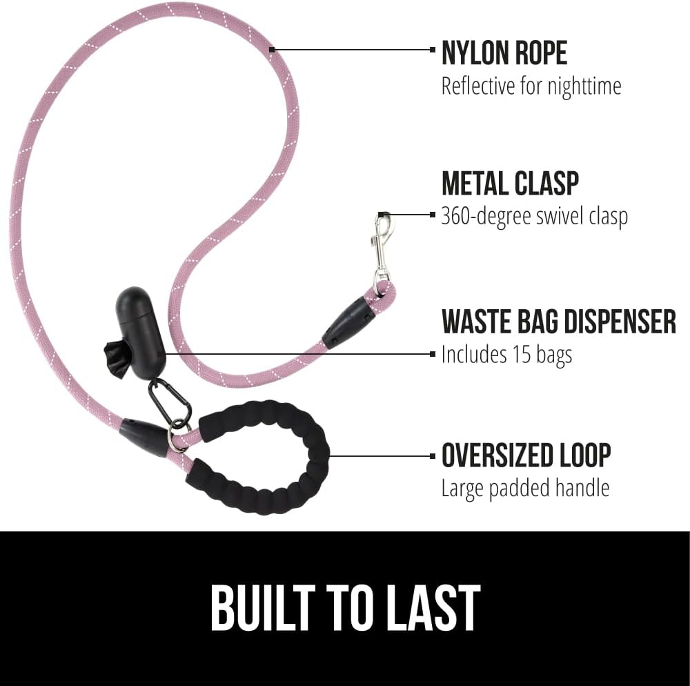 GORILLA GRIP Dog Leash, Heavy Duty Reflective Rope Leashes for Large, Medium, Small Breed Dogs, Puppy Training Essential for Walks, Hikes, Soft Handle, Rotating Metal Clip, Waste Bag Dispenser, Pink