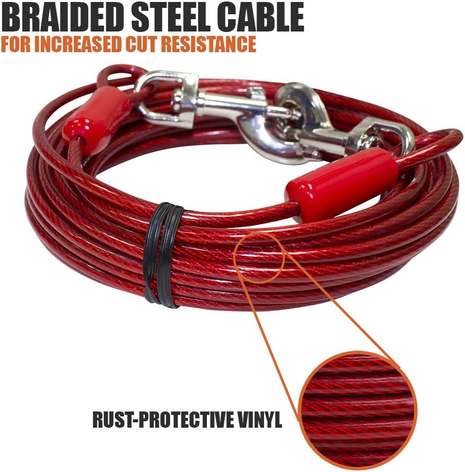 BV Dog Tie Out Cable 30 Feet - Heavy Duty Dog Lead Up to 125 Pounds - Reflective & Rust-Free with Quick Release Swivel Clips & 360° Rotating Clasp - Tangle-Free Dogs Runner for Yard (Red, Pair)