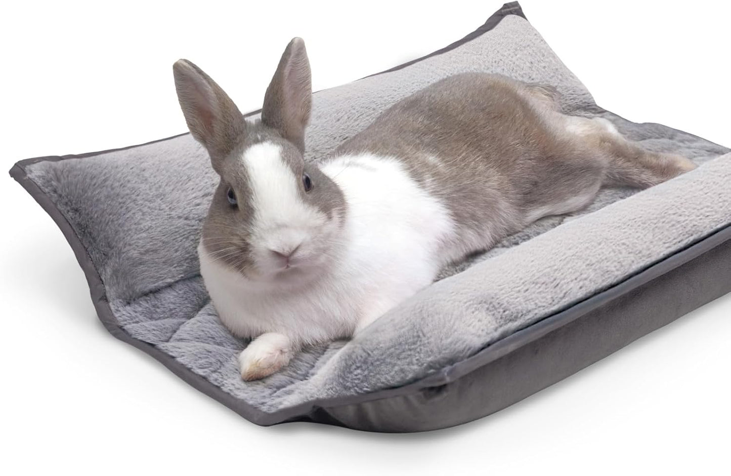 Paw Inspired Snuggle Bunny Bolster Bed for Rabbits, Cats, Dogs and Other Small Pets | Reversible Ultra-Soft Fleece Flop Bedding with Padded Sides (Gray/Faux Fur)