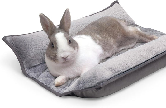 Paw Inspired Snuggle Bunny Bolster Bed for Rabbits, Cats, Dogs and Other Small Pets | Reversible Ultra-Soft Fleece Flop Bedding with Padded Sides (Gray/Faux Fur)