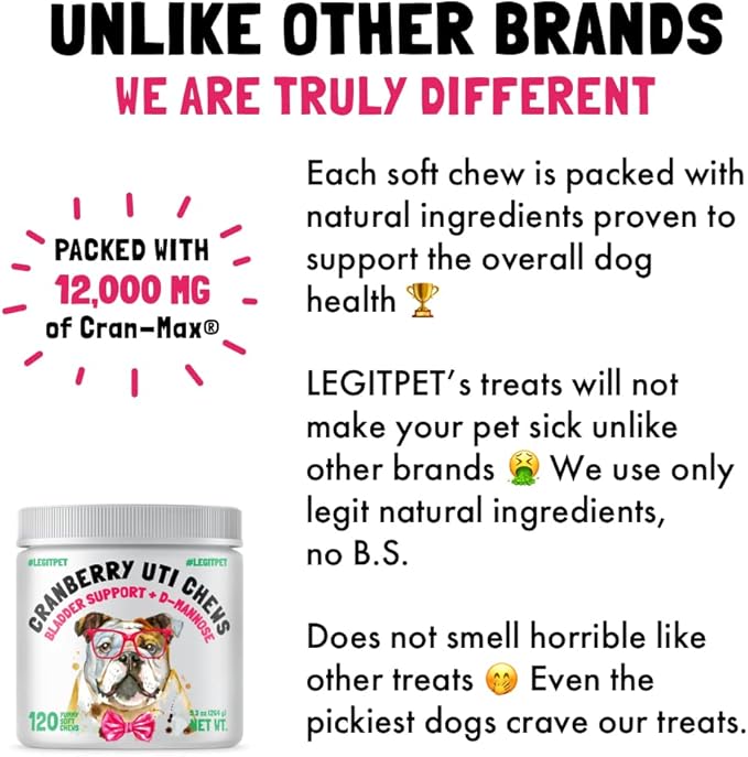 Cranberry UTI Chews for Dogs Bladder Support + D-Mannose Supports Kidney Urinary Tract and Bladder Health Natural Cranberry Wellness Supplement Immune System Booster Natural Pet Antioxidant 120 Chews