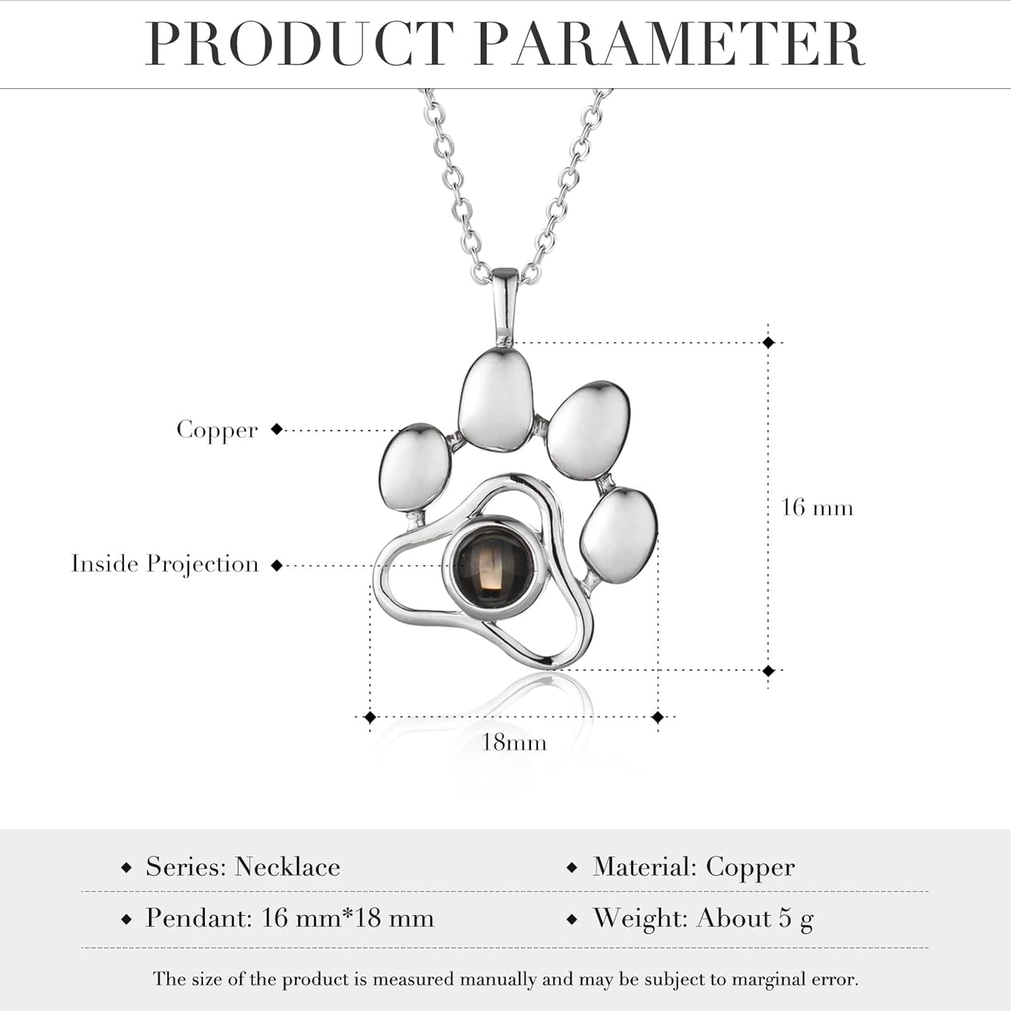 OPALSTOCK Personalized Pet Photo Necklace, Custom Photo Charm Projection Necklace Dog Cat Paw Pendant Pet Memorial Jewelry