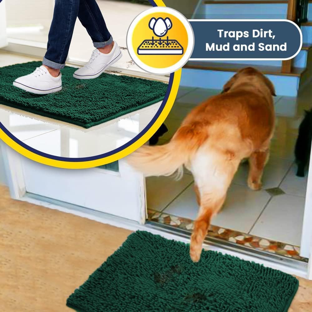 Muddy Mat® AS-SEEN-ON-TV Highly Absorbent Microfiber Door Mat and Pet Rug, Non Slip Thick Washable Area and Bath Mat Soft Chenille for Kitchen Bedroom Indoor and Outdoor - Dark Green 36" x 120"