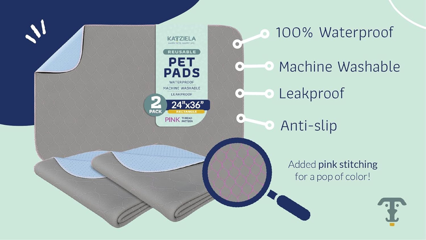Katziela Washable Pet Pads (2 Pack 36in x 31in)Super Absorbent Waterproof Reusable Dog Pee Pads for Dogs Washable Puppy Pads for Potty Training Housebreaking Washable Pee Pads for Dogs Pink Stitching