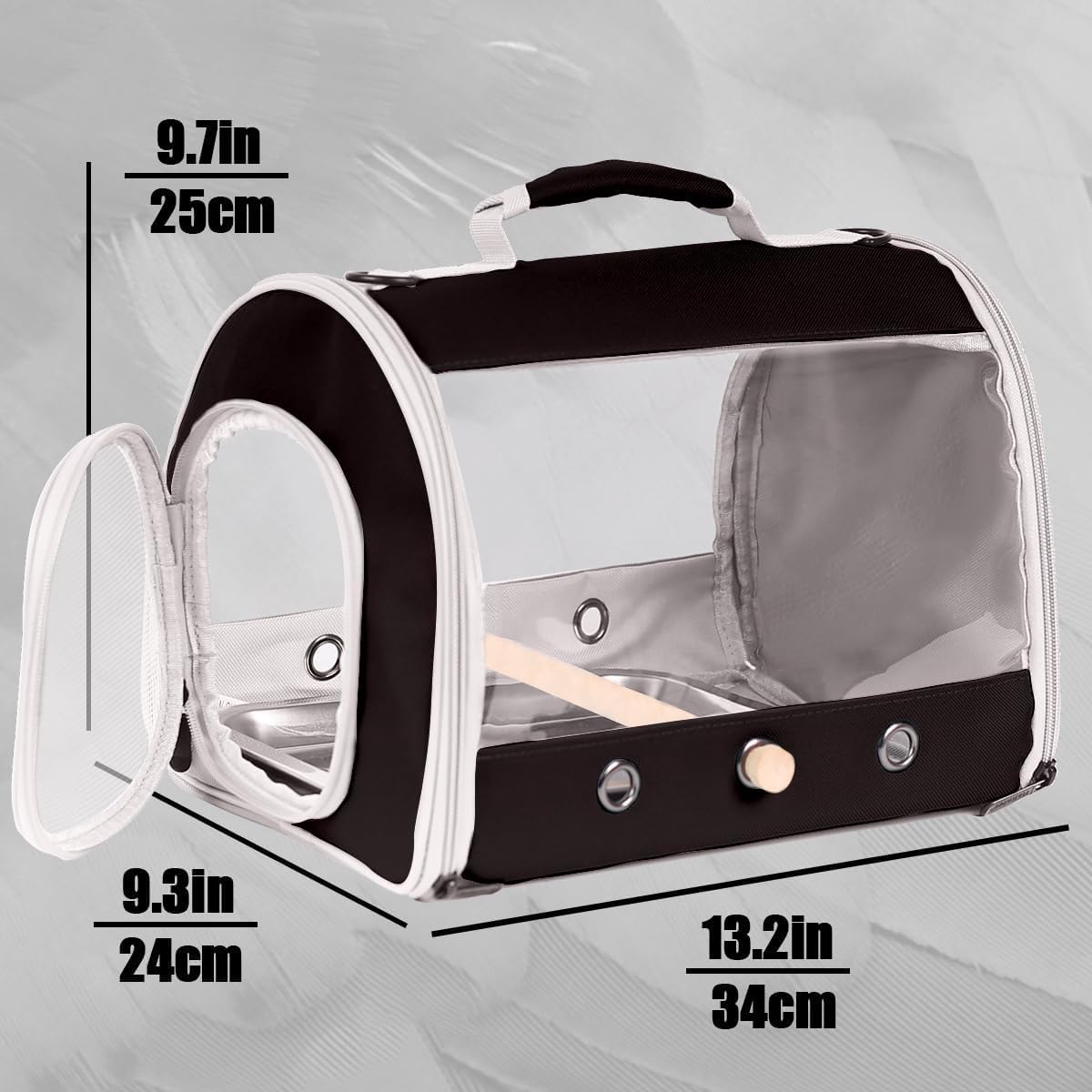 Bird Carrier, Portable Small Bird Parrot Parakeet Carrier with Standing Perch and Stainless Steel Tray, Side Access Window Collapsible (Black, Cylinder Design - Clear)