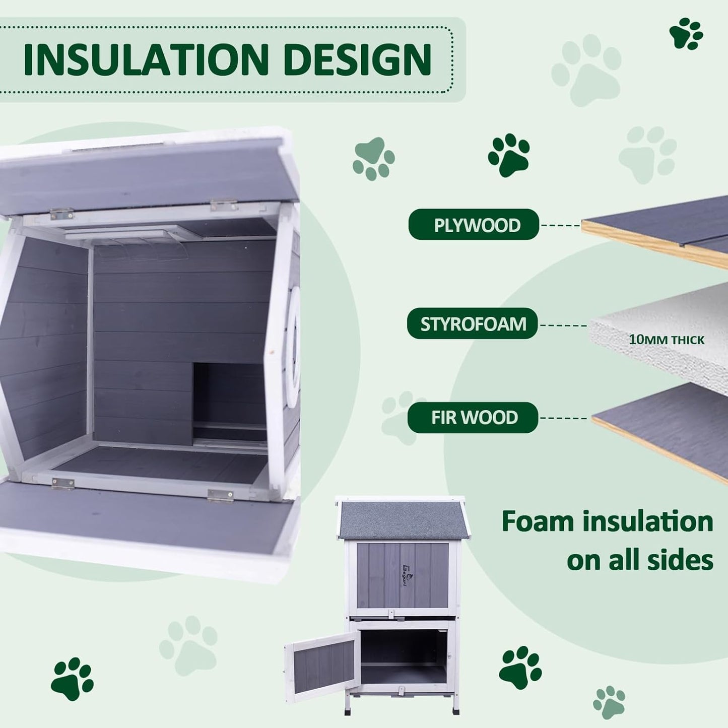 GEGURI Outdoor Cat House Winter-Proof, Two-Story Insulated Cat Shelter for Feral Cats with Thermal Layer, Removable Roof, Balcony & Escape Door, Weatherproof & Warm Shelter for Cats