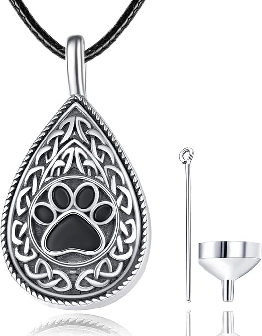 Dreamboat Pet Urn Necklace for Dog Cat Ashes 925 Sterling Silver Paw Print Cremation Keepsake Pendant Celtic Knot Memorial Jewelry Gifts for Women Men