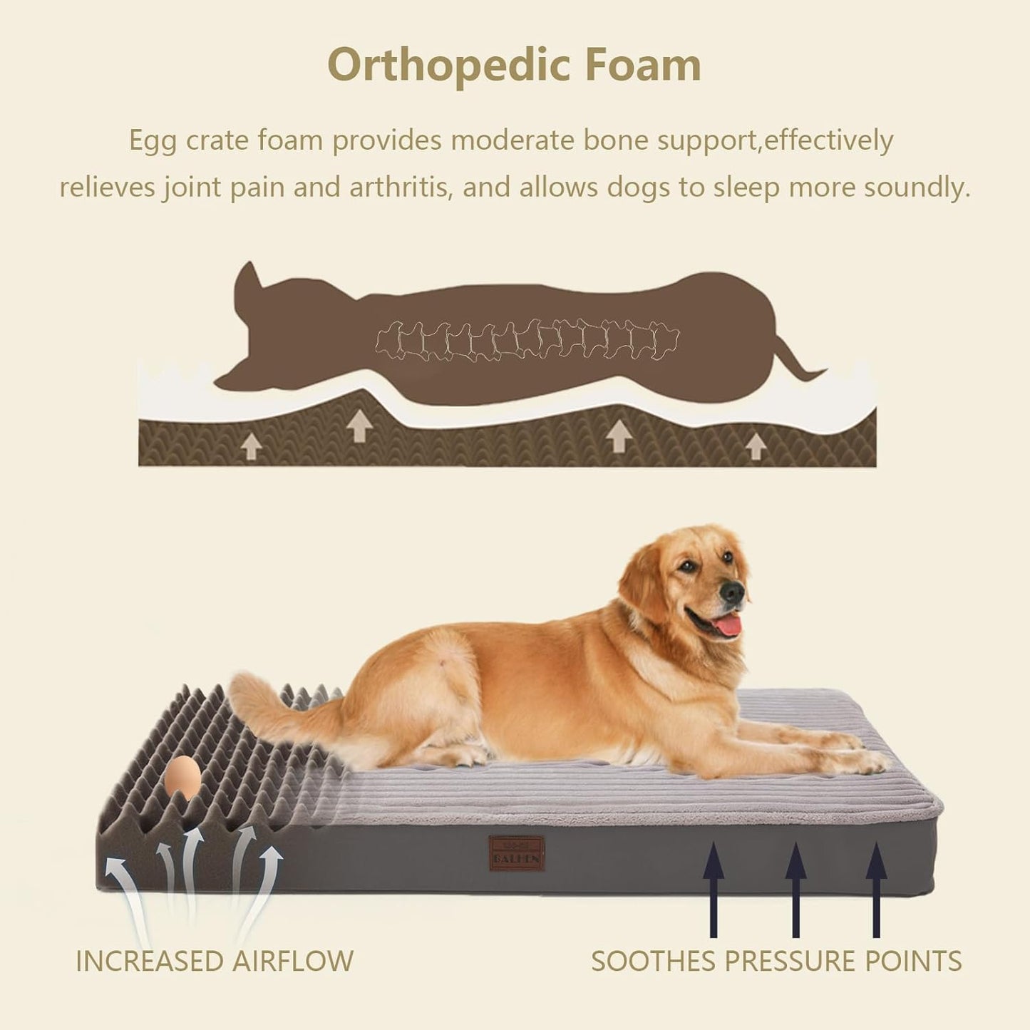 Orthopedic Dog Beds for XL, Large, Medium, Small Dogs - Soft Plush Washable with Egg Crate Foam, Waterproof with Removable Cover & Anti-Slip Bottom, Comfy Striped Dog Bed for Crate, 40x28 Inch, Gray