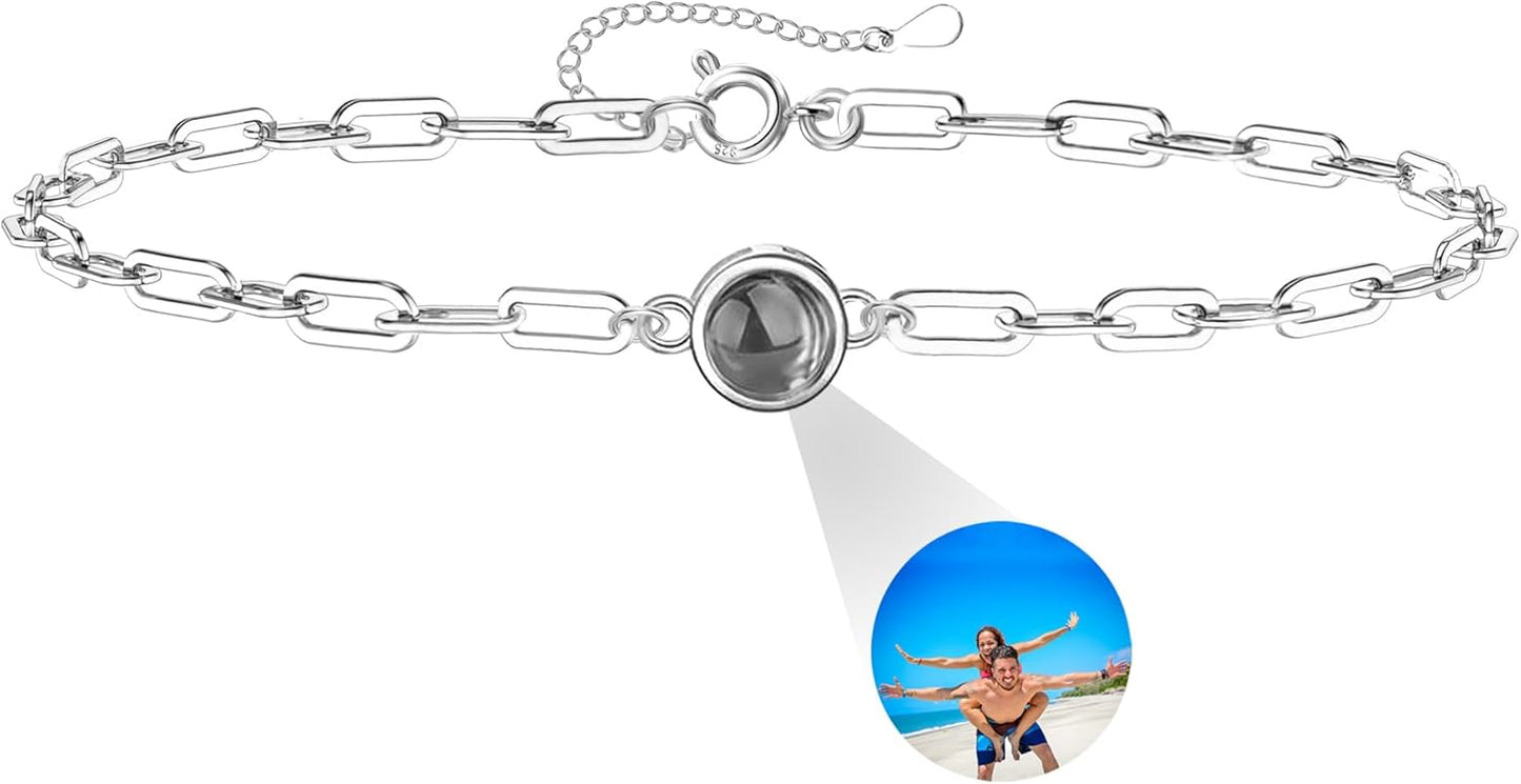 Personalized Photo Projection Bracelet 925 Sterling Silver Projection Bracelet with Picture Inside,I Love You 100 Languages Photo Round Pendant Bracelet Gifts for Women Wife Birthday Anniversary