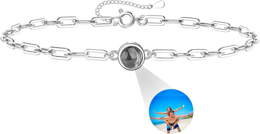Personalized Photo Projection Bracelet 925 Sterling Silver Projection Bracelet with Picture Inside,I Love You 100 Languages Photo Round Pendant Bracelet Gifts for Women Wife Birthday Anniversary
