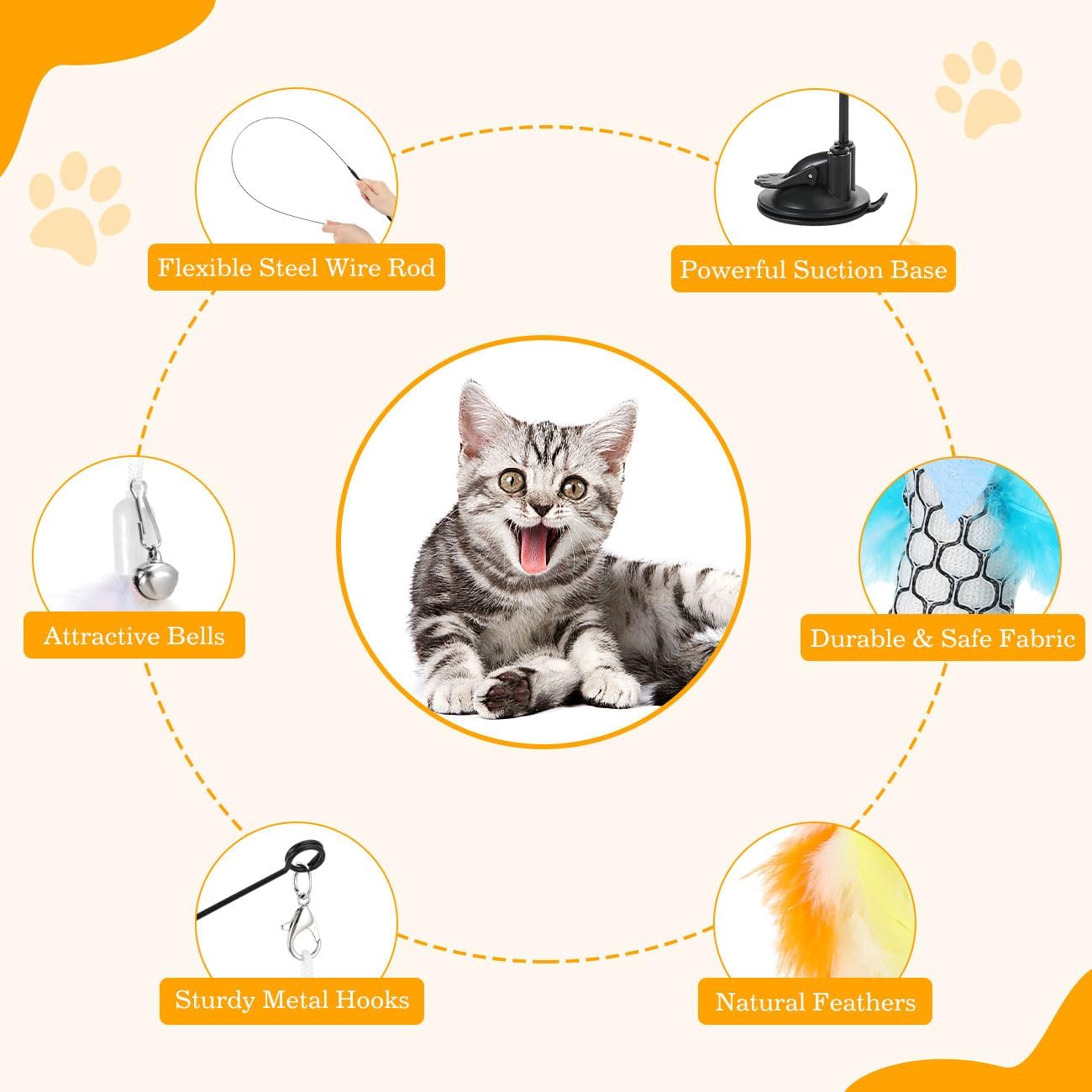 Pawaboo Cat Feather Toys, Interactive Cat Wand Toy with 2-Slot Super Suction Cup, Detachable 2 PCS Spring Cat Wand & 7 PCS Cat Teaser Replacement with Bells, Funny Kitty Toys for Indoor Kittens Play