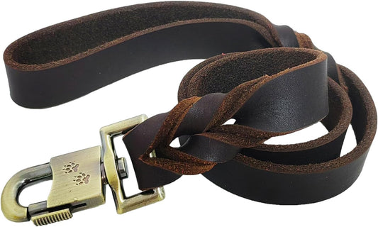 LWBMG Leather Dog Leash 3 ft Upgrade Braided Thick Genuine Leather Dog Leash with Lock Head Hook Short Heavy Duty Pet Training Lead for Medium Large Dogs