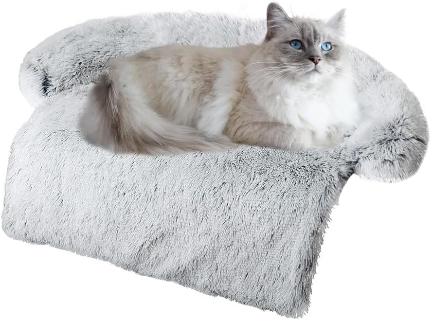 Calming Dogs/Cats Bed Mats, Dog Pad Washable Removable Couch Cover, Plush Long Fur Mat for Pets, Waterproof Lining, Perfect for Small, Medium and Large Dogs and Cats (Gradient Gray, 34"x30")