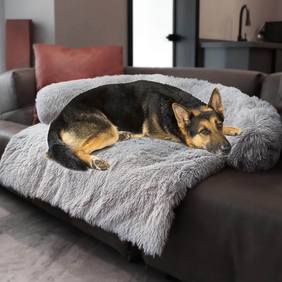 Calming Dogs/Cats Bed Mats, Dog Pad Washable Removable Couch Cover, Plush Long Fur Mat for Pets, Waterproof Lining, Perfect for Small, Medium and Large Dogs and Cats (Light Gray, 45"x37")