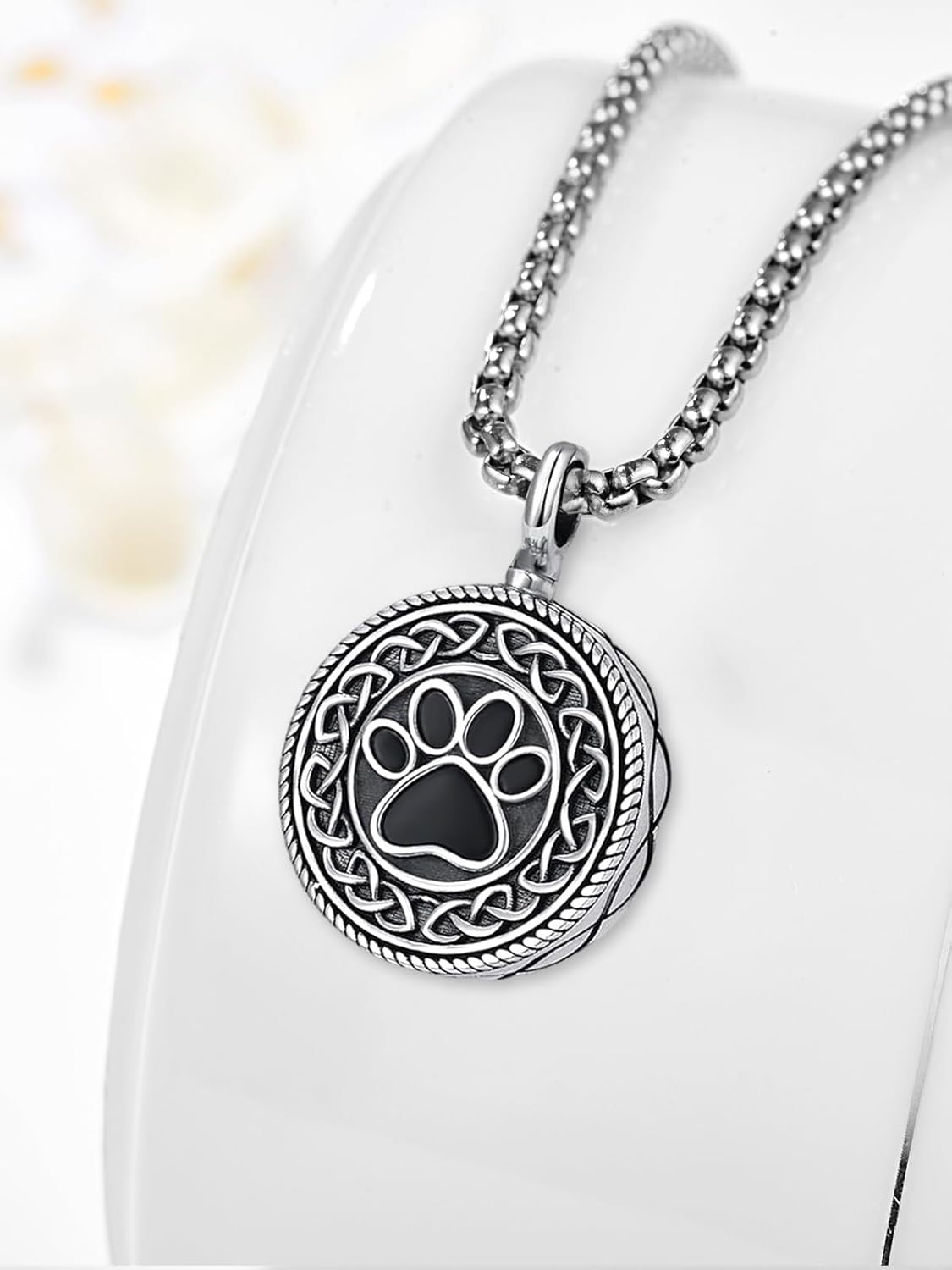 Pet Cremation Urn Necklace for Dog Cat Ashes 925 Sterling Silver Paw Print Keepsake Pendant Celtic Knot Memorial Jewelry for Women Men