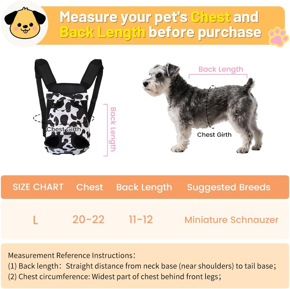 Inspack Dog Backpack Carrier/Cat Carrier, Adjustable Pet Front Carriers Travel Bag for Puppy Medium Dogs, Legs Out, Soft Ventilated Dog Chest Carry Backpacks for Hiking/Camping, 7-11 lbs, Cow Print