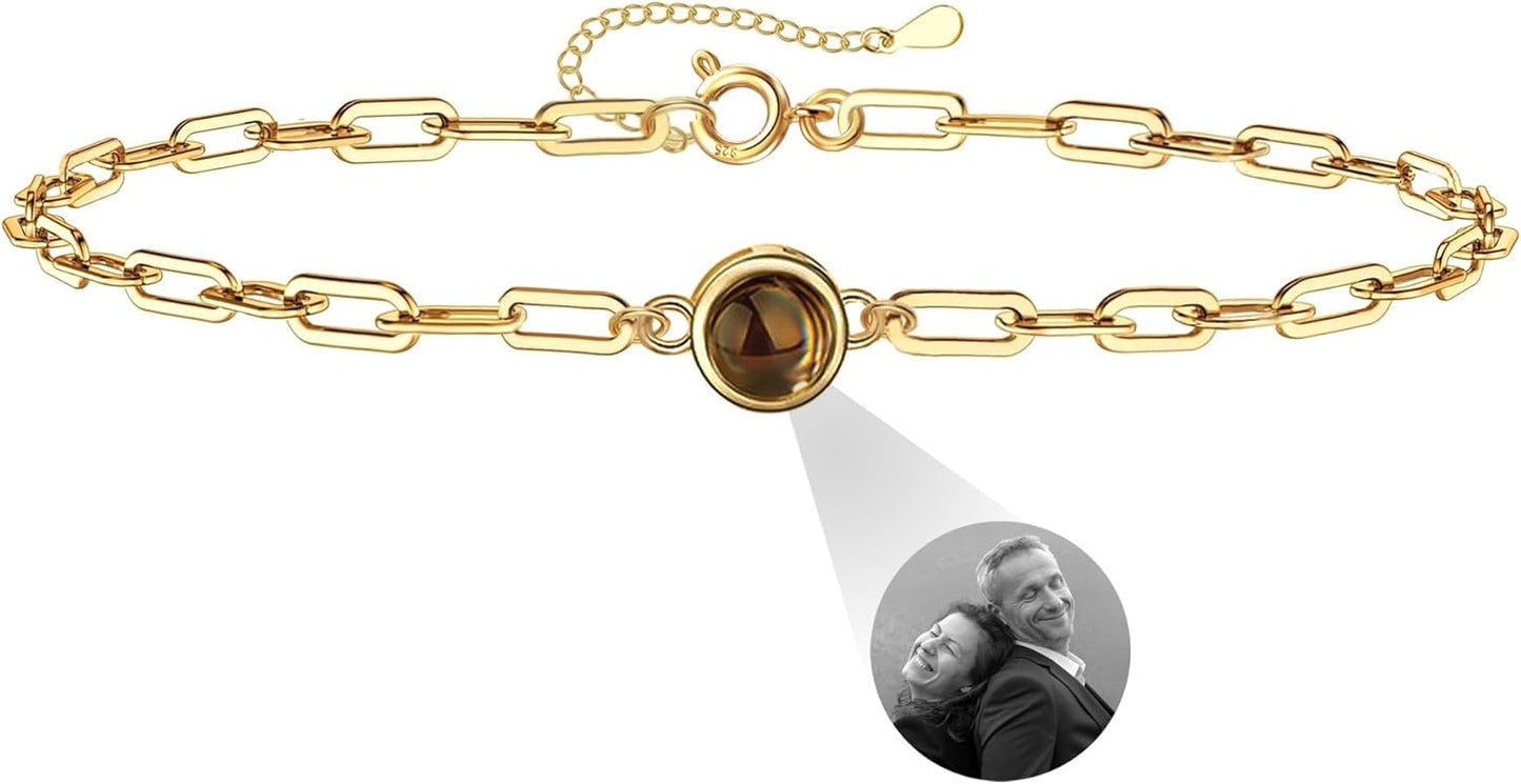 Personalized Photo Projection Bracelet 925 Sterling Silver Projection Bracelet with Picture Inside,I Love You 100 Languages Photo Round Pendant Bracelet Gifts for Women Wife Birthday Anniversary