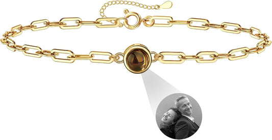 Personalized Photo Projection Bracelet 925 Sterling Silver Projection Bracelet with Picture Inside,I Love You 100 Languages Photo Round Pendant Bracelet Gifts for Women Wife Birthday Anniversary