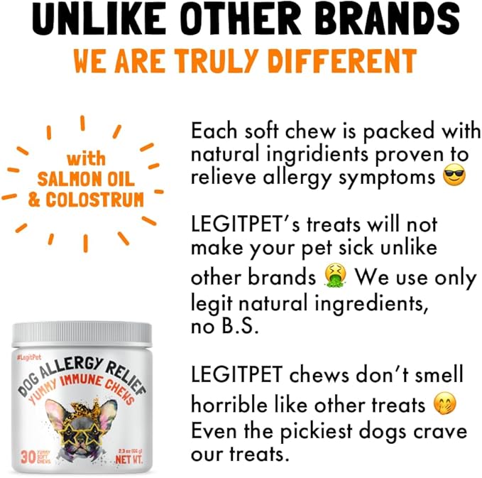 Allergy Relief Chews for Dogs & Immune & Digestive Supplement with Wild Salmon Oil Kelp Colostrum Turmeric Probiotics & Bee Pollen for Seasonal Allergies Anti Itch, Skin Hot Spots 30 Soft Treats
