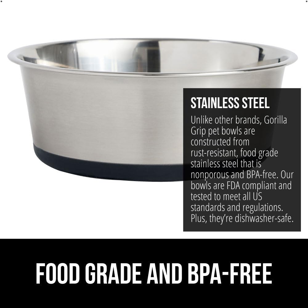 GORILLA GRIP Stainless Steel Metal Dog Bowl, Rubber Base, Heavy Duty Feeding Dish, Food Grade BPA Free, Less Sliding on Floors, Quiet Pet Bowl for Cats and Dogs, Holds 6 Cups (48 fl oz), Black
