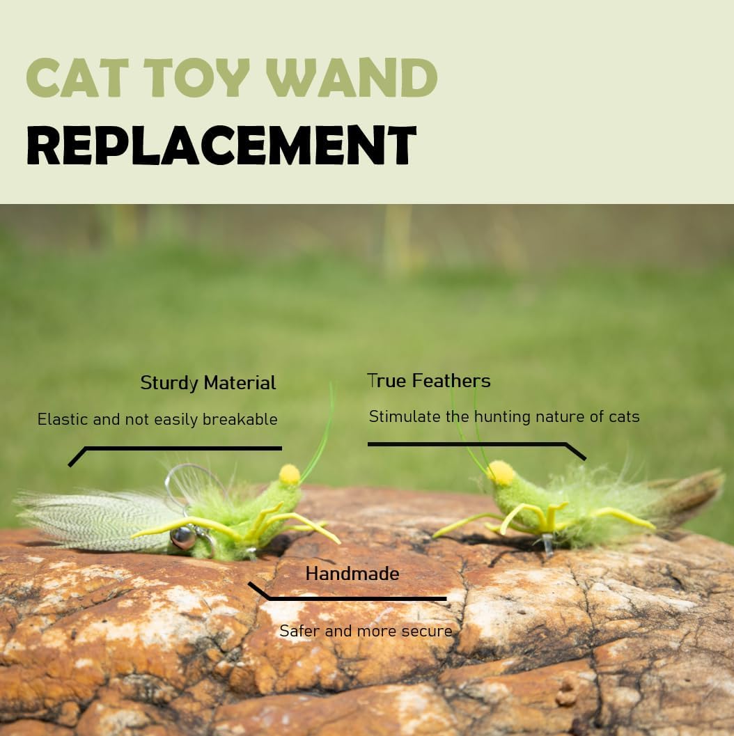 Cat Insect Feather Toys Replacement - 2 Pcs Handmade Natural Grasshopper - Cat Toy Wand Refills - Interactive Kitten Teaser Wand Attachments - Cat Toys for Indoor Cats Play