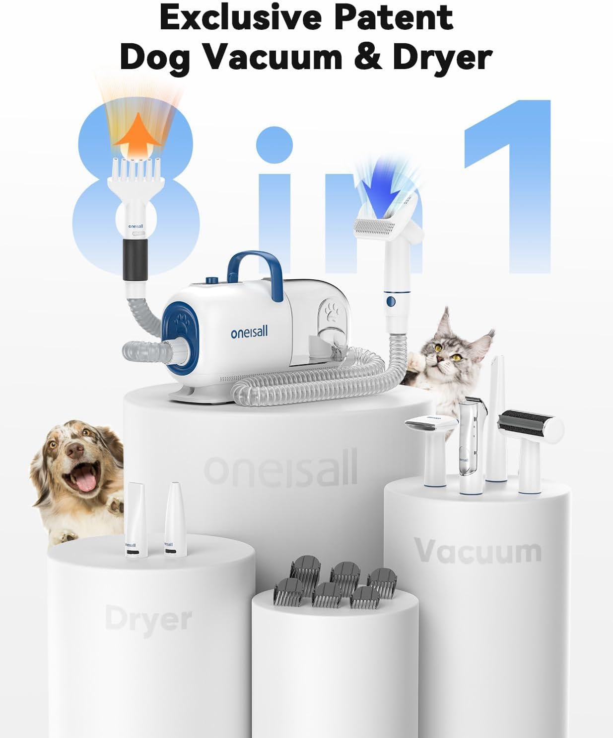 oneisall Dog Vacuum & Dryer for Shedding Grooming, 8 in 1 Dog Grooming Kit with Metal Blades Pet Clippers, Adjustable Speed and Temperature Control Blower